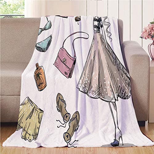 Throw Blanket Custom Cozy Blanket Perfect for Couch Sofa or Bed Beautiful 3D Printed,Heels and Dresses,Collection of Summer Fashion Clothing and Accessories with Young Woman Decorative,Multicolor,3
