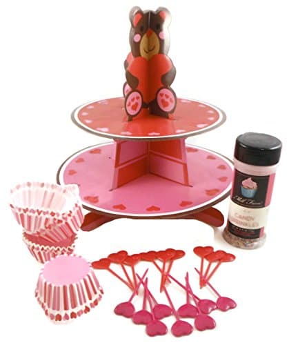 Romance Cup Cake Kit with Display Stand, Cup Cake Liners, Heart Picks and Rainbow Sprinkles (Valentine Bear)