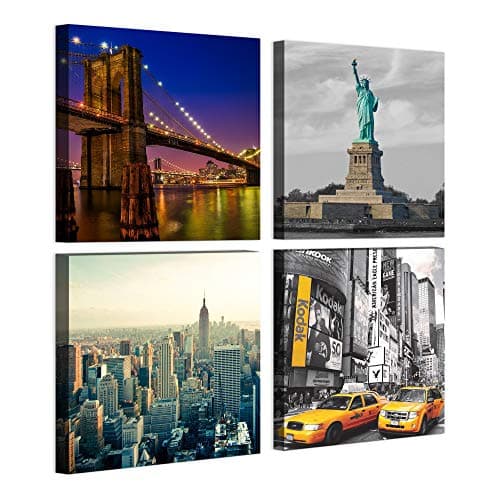 Fabian Roo 70cm x 70cm 4pc Panel Modern Canvas Wall Art - Manhattan, New York, United States, Empire State Building, Statue of Liberty, Times Square, Brooklyn Bridge, Yellow Taxis
