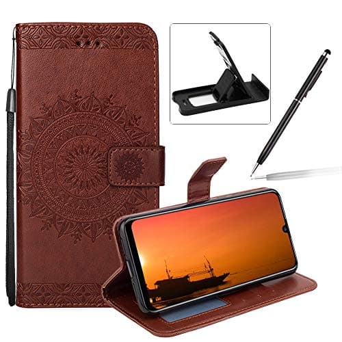 Strap Leather Case for Huawei Mate 20 Lite,Flip Wallet Cover for Huawei Mate 20 Lite,Herzzer Elegant Classic Solid Color Brown Mandala Flower Printed Magnetic Purse Folio Stand Cover with Soft TPU