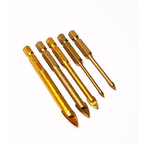 5Pcs/Lot Titanium Coated Hex Glass Tile Drill Bit Set For Wall Carbide Mable Tile Ceramics Glass Granite Spear Point Cross Head