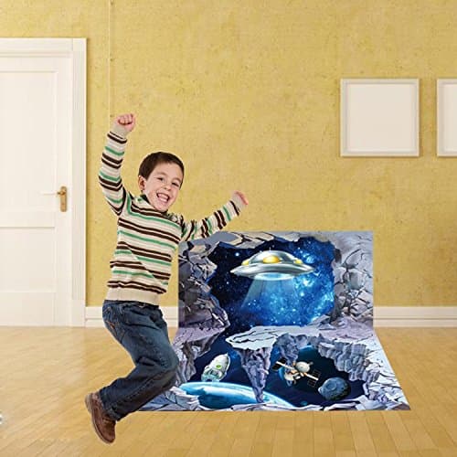 Ducklingup 3D Broken Wall Hole Bricks Wall Art Mural Floor Corner Hole Spaceship Posters Wall Stickers (L)