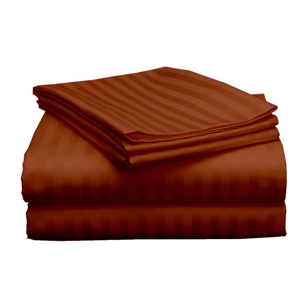 Rajlinen 100% Cotton Bed Sheets - 300 Thread Count Sateen - 10 to 15 inch Deep Pocket - Quality Luxury Bedding - 4 Piece Best Sheets for Bed, Breathable, Soft & Silky (Brick Red Stripe Queen)