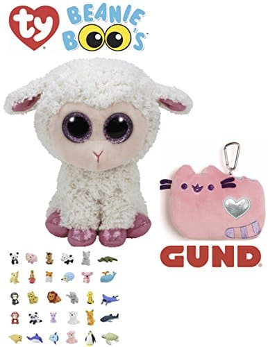 Stuffed Animal Plush Beanie Boo Bundle 1 Medium Sized (9-in) Lamb and 1 Pink or Purple Colored Cat ID Case with One Bonus Animal Eraser