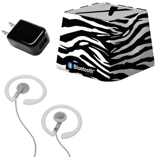 Xit Audio Bluetooth Wireless Mini Portable Speaker System for iPods, iPhones, iPads, Androids, and MP3 Players (Zebra) with Coosh Extra Comfortable Headphones & USB AC Adapter