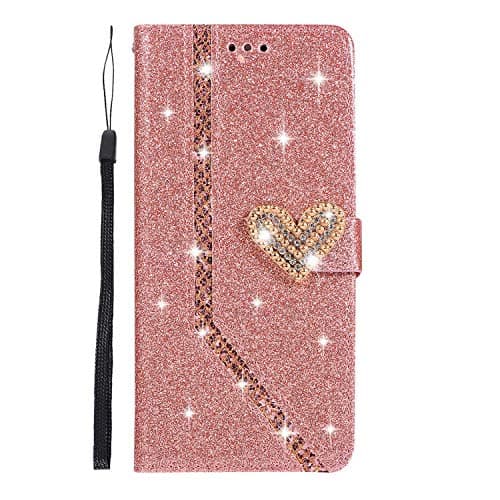 DENDICO Galaxy Note 8 Case, Glitter Shiny Wallet Case for Samsung Galaxy Note 8 Flip Cover with Card Holder and Magnetic Closure - Rose Gold