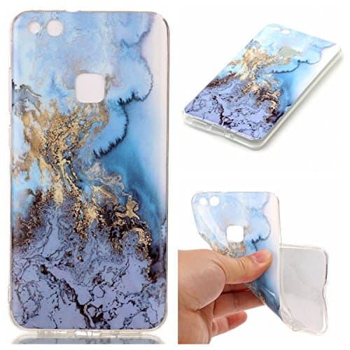 For Huawei P10 Lite Case [With Tempered Glass Screen Protector],Metatze Slim TPU Flexible Shockproof Anti-Scratch TPU Bumper Protective Case for Huawei P10 Lite - Marble Blue
