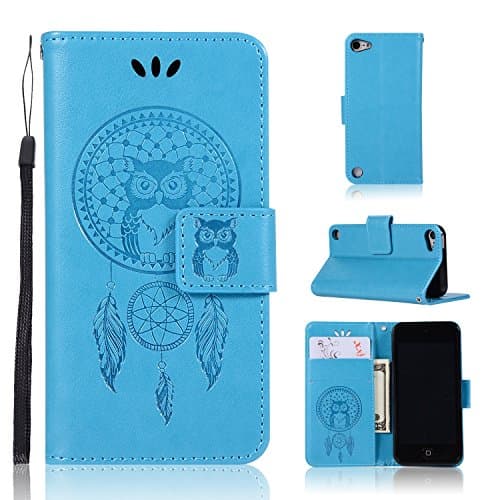 iPod Touch 6th Generation Case, iPod Touch 5 Case, Alkax Wallet Case with Stand Cute Pattern Design Slim PU Leather Flip Cover &amp;Soft TPU Bumper Card ID Protective Case for Apple iPod Touch 6(Owl Blue)