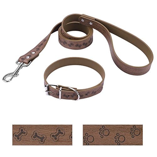 Bark Lover Pet Luxury Simulation Leather Collar and Leash Set Printed Design Adjustable Soft Touch and Sturdy for Medium Large Dogs. (M, Brown,Bones Prints)