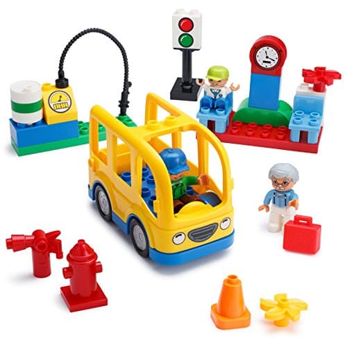 Play Build School Bus Building Blocks Set – 29 Pieces – Includes Vehicle, Bus Stop, Gas Station, Traffic Light, 3 Minifigures &amp; Accessories – Recommended for Boys &amp; Girls Ages 3+