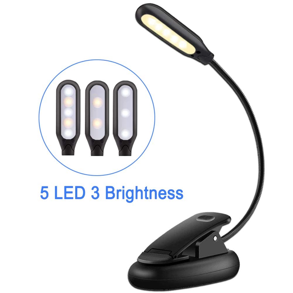 Reading Light,EMIUP Battery Powered Book Lights 3 Modes(Warm White Light)LED Clip Reading Lamp with Eye Care Brightness for Reading Books,Bedtime Reading,Music Stand,Laptop,Kindle E-Reader(5LED&Black)