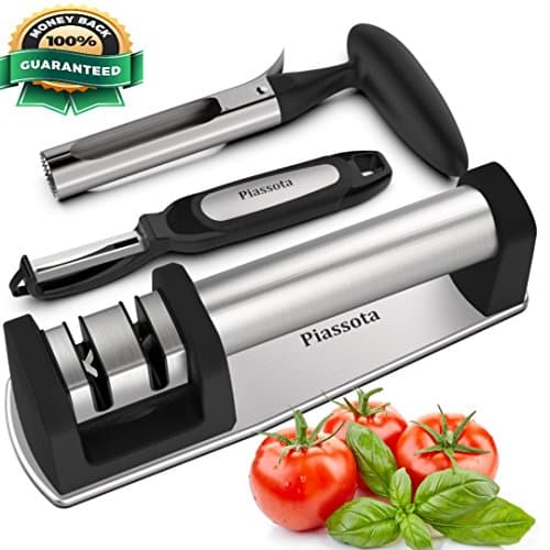 Kitchen Knife Sharpener + Vegetable Peeler and Apple Corer Set | Keep your knives sharp with professional knive sharpeners for straight and serrated blade by Piassota