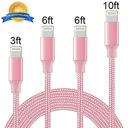 YouHo Lightning Cable,iPhone Cables 4Pack 3FT 6FT 6FT 10FT to USB Syncing Data and Nylon Braided Cord Charger for Apple iPhone 8, X, 7, 7 Plus, 6, 6s, 6+, 5, 5c, 5s, SE, iPad, iPod Nano, Touch (Pink)
