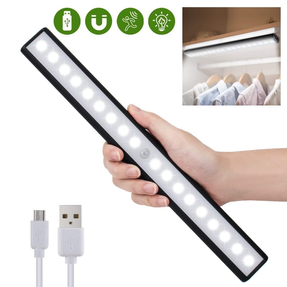 Motion Sensor Cabinet Light for Closet,Drawer,Cupboard, 18-led Wireless Motion Sensing Under Cabinet Lighting,USB Rechargeable Magnetic Stick-on Anywhere LED Light Bar, White Light, Black