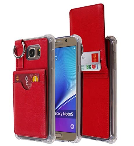 Galaxy Note 5 Wallet Case,[Pocket Ring Bumper] Credit Card Case [Kick Stand] Protective Hybrid Case [Key Ring Holder] with 3 Cards Slot Wallet for Galaxy Note 5 (Red)