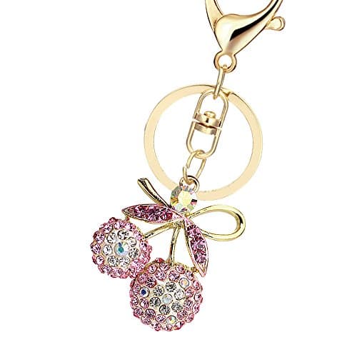 D004 Fancy Pink Crystal Cherry Fruit Keychain Key Ring