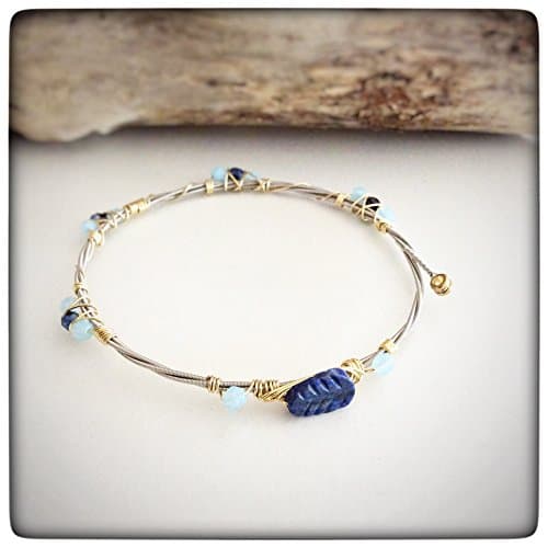 Musically Inspired Wire Wrapped Guitar String Bangle Bracelet - Czech Crystal - Lapis - Collectable - Stackable - Vegan - Eco Friendly - Ready to ship