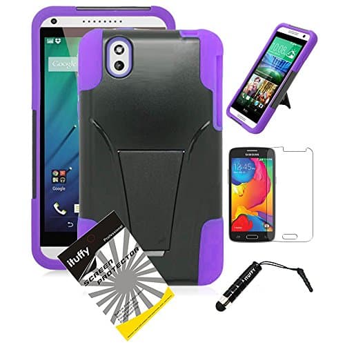 3 items Combo: ITUFFY(TM) LCD Screen Protector Film + Stylus Pen + 2 tone Design Dual Layer KickStand Tuff Impact Armor Hybrid Soft Rubber Silicone Cover Hard Snap On Plastic Case for Virgin Mobile HTC Desire 816 (5.5" inch) (TStand / Black - Purple)
