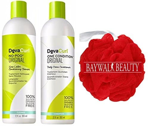 Devacurl Original No Poo 12 oz and One Condition 12 oz With FREE Shower Pouf (Colors May Vary)
