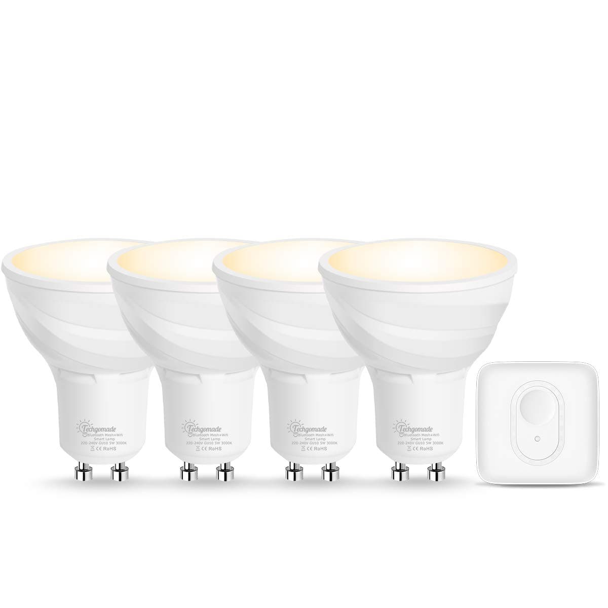 New Technology Bluetooth Mesh Smart Bulb GU10, Techgomade Smart Light Bulb, Remote Control, Voice Control(Alexa, Google Home, Siri), 3000K, 5W Equal to 50W, 450LM(4 Spot Bulbs+1 Mesh Hub) [Energy Class A+]