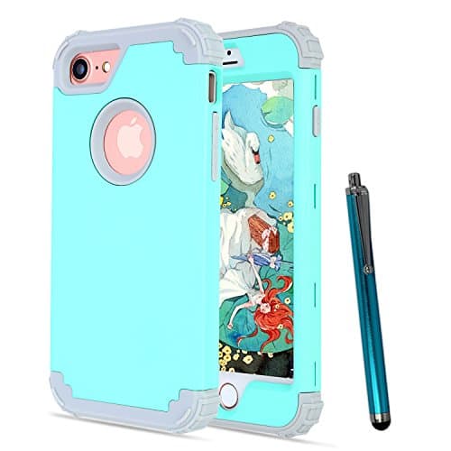 iPhone 8 Case, iPhone 7 Case KXLY 3 in 1 Hybrid Slim Case Heavy Duty Shockproof Full-Body Protective Cover Hard PC Rugged Soft Silicone Bumper Dual Layer for iPhone 7/8+Stylus[Mint Green-Gray]
