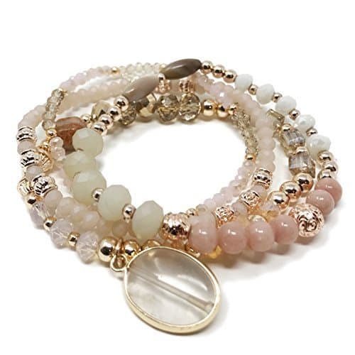 JADE POP - Women's Multicolored Beaded Stretch Stackable Chain Bracelet Set with Charm - Rose Gold Stone Pendant