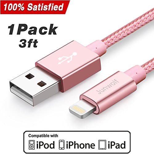 Lightning Cable,Junwolf 1Pack 3Ft Nylon Braided High Speed Charging USB Cable Cord for iPhone Charger 7/7 Plus/6/6s/6 Plus/6s Plus (3ft rose gold)