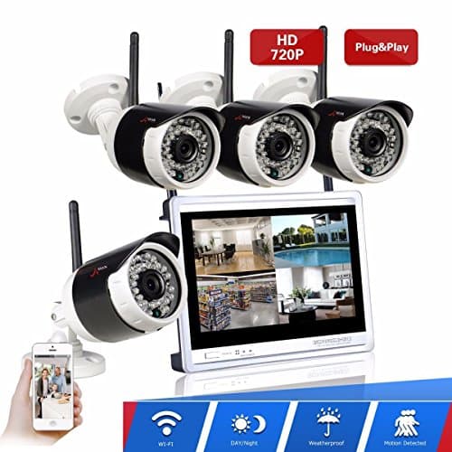 Security Camera System Wireless, ARSECUT 4CH HD Video Surveillance System 12 Inch Monitor NVR with 4x 1.0MP Wireless IP Network Camera Outdoor Indoor Easy Remote View, Plug and Play, No Hard Drive