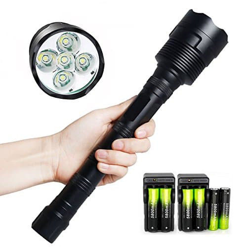 Superbright LED Flashlight 5x T6 LED 5 Light Modes Large 10000 Lumens Waterproof Handheld Military Grade Torch with 18650 Rechargeable Battery &amp; Charger