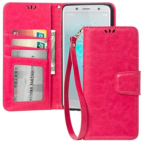 Flip Case for Sony Xperia XZ2 Compact, Scratch-Proof Leather Wallet Stand Cover with Card Holder Phone Case Protector for Sony Xperia XZ2 Compact, Rose Red