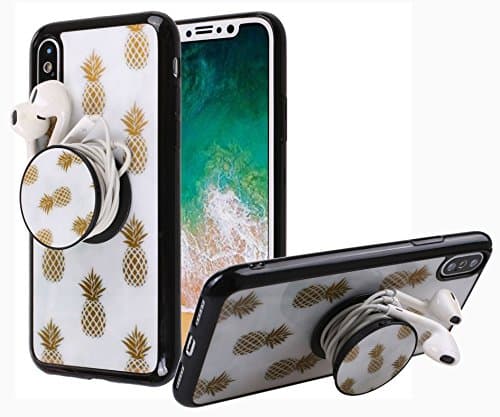 iPhone XCase, Marble Stone Texture Slim Hybrid Hard Back [POP UP KickStand] + Soft TPU Bumper Protective Durable Case iPhone X (Pineapple Kickstand)