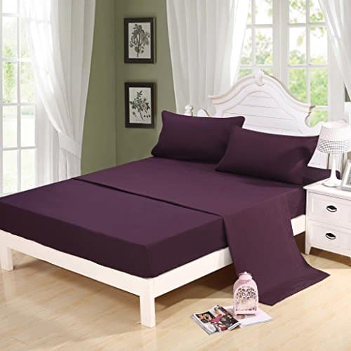 Homehug® Luxury Embroidered 4Pc Bed Sheet Set 100% Soft Polyester Deep Pocket Sheet Set (Queen Size, PURPLE)