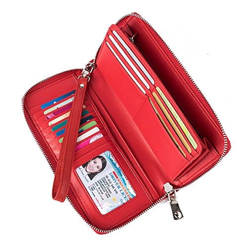 Plus Size Women's RFID Blocking Wallet Genuine Leather Zip Around Clutch Travel Purse (Red)