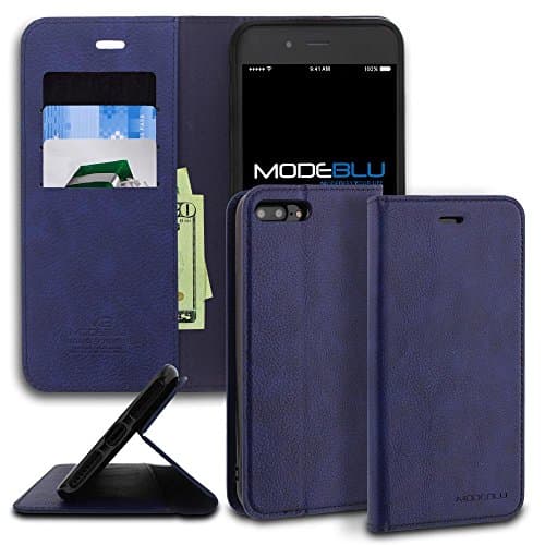 iPhone 7 Plus Case, ModeBlu [Magnetic Portfolio Case Series] [Navy] Premium Synthetic Leather [Stand View] for Apple iPhone 7 Plus (2016)