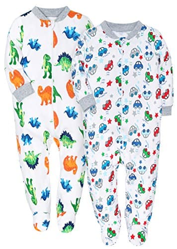 Baby 2-Pack &amp; 2-Way Zip Front Long Sleeve Footed Sleeper Pajamas (2 Packed-Dinosaur &amp; Toy Cars, 12-18M)