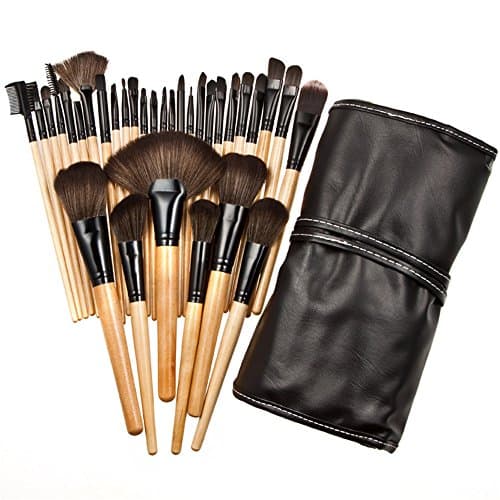 Professional Makeup Brush Set| Pro Cosmetic-32pc Studio Pro Makeup Make Up Cosmetic Brush Set Kit w/ Leather Case - For Eye Shadow, Blush, Concealer, Etc. (wood)
