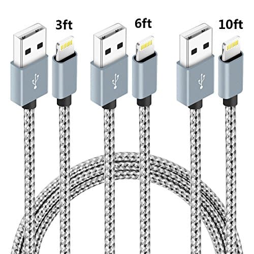 iPhone Charger,NANMING Lightning Cable 3Pcs 3FT 6FT 10FT Extra Long Nylon Braided Charging Cable Cord Lightning to USB Cable for iPhoneX /8Plus 7/7Plus/6/6s/6 plus/6s plus,5/5s/5c,iPad (Grey+White)