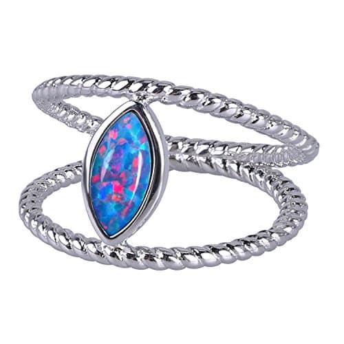 KELITCH Sterling-Silver Created Opal Anniversary Wedding Double Line Ring for Lovers, Evil Eye - Size 7