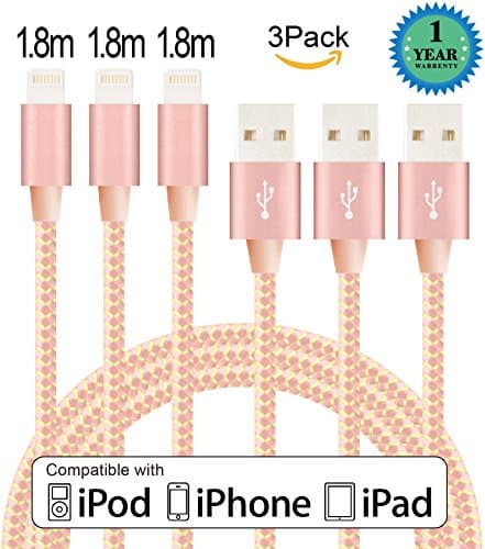 Anbso 3Pack 1.8M Lightning to USB Cable Charger with 8-Pin Connector Compatible with iPhone 6/ 6 Plus/ 6s/ 6s Plus /5/5s/5c/iPad/iPod and More (Rose gold &amp; gold)