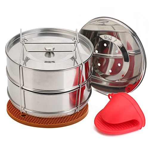 [Upgraded] Stackable Steamer Insert Pans for 6 8 Quart Instant Pot &amp; Pressure Cooker - 2 Tier Steam Pans + 2 Interchangeable Lids - Pot in Pot Accessories to Bake, Reheat - Cook Recipes Included