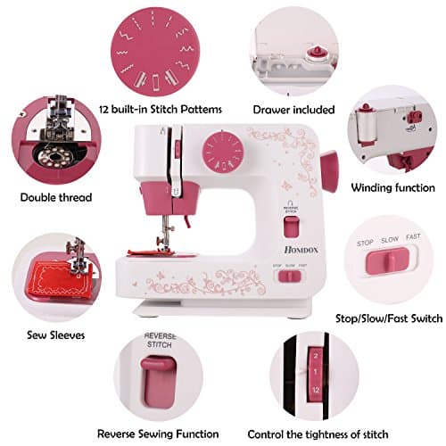 Voluker Portable Lightweight Sewing Machine Electric 2-Speed Double Thread Full-Featured With 12 Stitches,Light and Cutter for Household Travel Beginner - Red