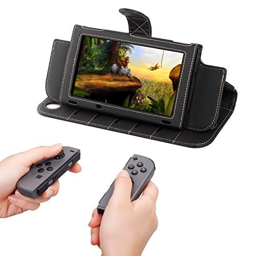 Kaci Leather Case for Nintendo Switch - Premium PU Leather Slim Fit Play Stand Cover for Nintendo Switch 2017,Wrist Strap Attached for Easy Carrying,Black