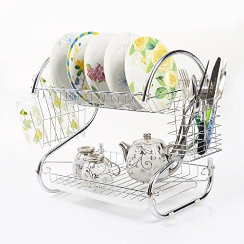 Chawind 2-Tier Dish Drainer drying Rack and DrainBoard, Kitchen Chrome Rustproof Dish Cup Drying Rack Drainer Dryer Tray Cultery Holder Organizer