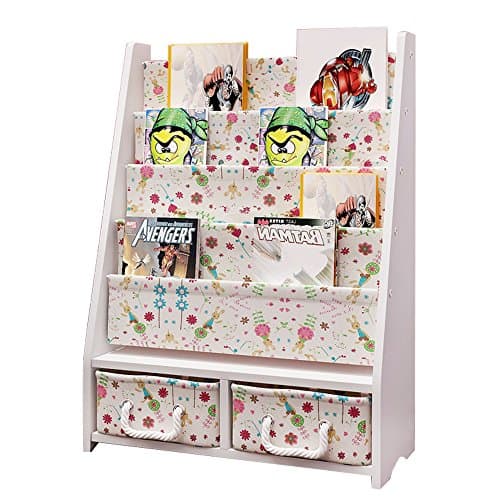 Kids Bookshelf Book Rack Organizer Storage with 2 Pack Foldable Storage Cube Basket Bin - White Rabbit