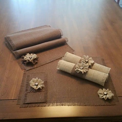 Burlap Rustic Brown Table Runners, Placemats, Silverware Holders, Napkin Rings or Decorative Napkins with Handmade Natural Flower Accent (Quantities of 4 or 6)