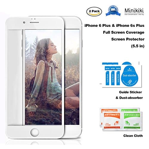 MiniKIKI iPhone 6/6s Plus Glass Full Screen Protector, 2 Pack Screen Protector for iPhone 6/6s Plus, Glass Body with 3D White Soft Carbon Fibre Frame Cover Edge-to-Edge, HD Hard, Great Sensitivity