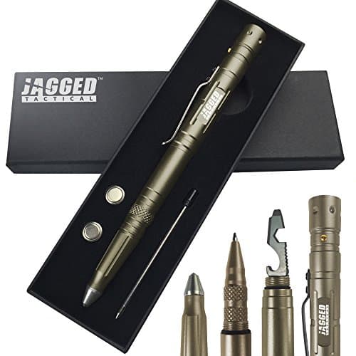 Multi Use Tactical Pen Survival Tool - Multi Tool + LED Tactical Flashlight + Ballpoint Pen + Glass Breaker. Complete with Extra Accessories and Gift Box (Desert)