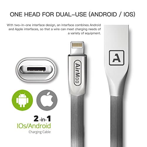 AirMoo 2-in-1 Lightning and Micro USB Cable, Premium Durable Sync and Fast Charging Cable Cord for Apple iPhone 7 / 7 Plus / 6S / 6S Plus / 6 / 6 Plus, iPad,Samsung, Android Phone (GunMetal)