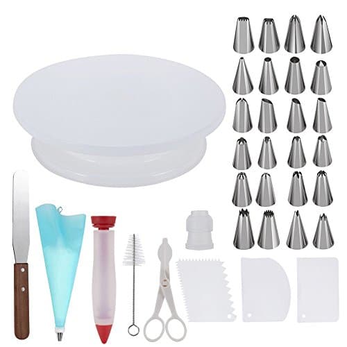 Cake Decorating Tools, Ebraz 34pcs with 1Cake Turntable,1 Icing Spatula, 24 Stainless Icing Tips,1 Pastry Bags,1 Cake Brush,1 Cake Cutter, 1 Cake Pen, 3 Cake Scraper