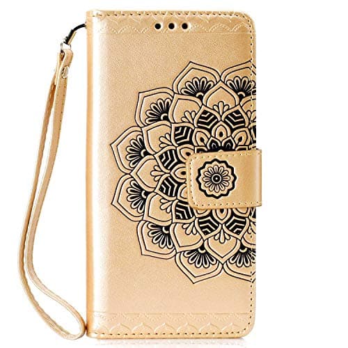 CUSKING Wallet Case for Samsung Galaxy A7 2018, Leather Case Magnetic Stand Bumper Case with Card Holders and Hand Wrist - Gold